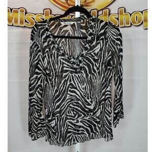 Nygard Collection Zebra Print Sheer Jeweled Neckline Blouse Women’s Medium